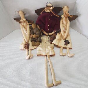 4 Primitive Stuffed Angels Rag Doll Vintage 7.5"-24" Beige Handmade Christmas
